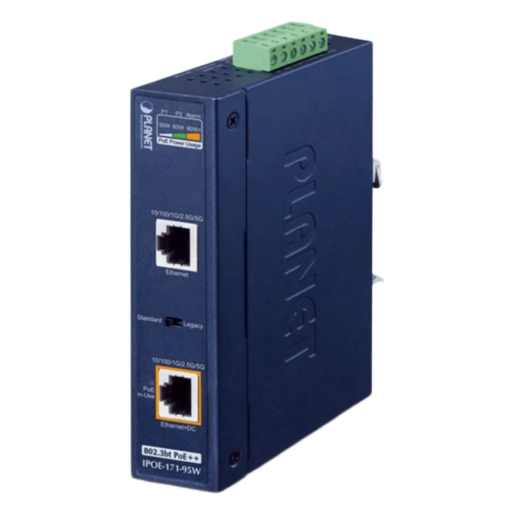 Inyector Industrial, Multi-Gigabit 802.3bt PoE++ / 95W / 2 Puertos RJ45 / 10M/100M/1G/2.5G/5Gbps / IP30 / -40 a 75°C / Montaje en Riel DIN o Pared