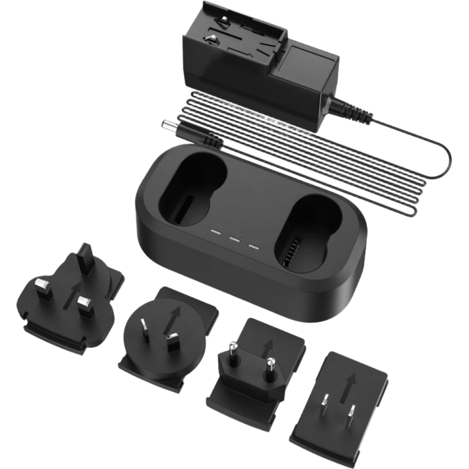 Cargador de Baterías / Doble Bahía / 2 Baterías Simultáneas / Indicador LED Triple / Alimentación AC 100~240 V / Salida DC 20 V / Adaptadores Internacionales US-UK-EU-AU
